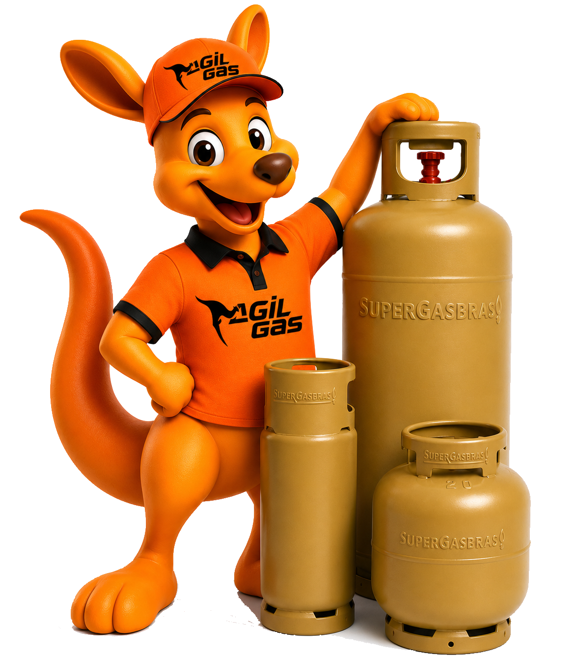 Mascote Agilgás ao lado de botijões de gás